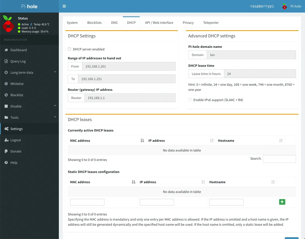 Pi-hole built-in DHCP server and static IP lease configuration