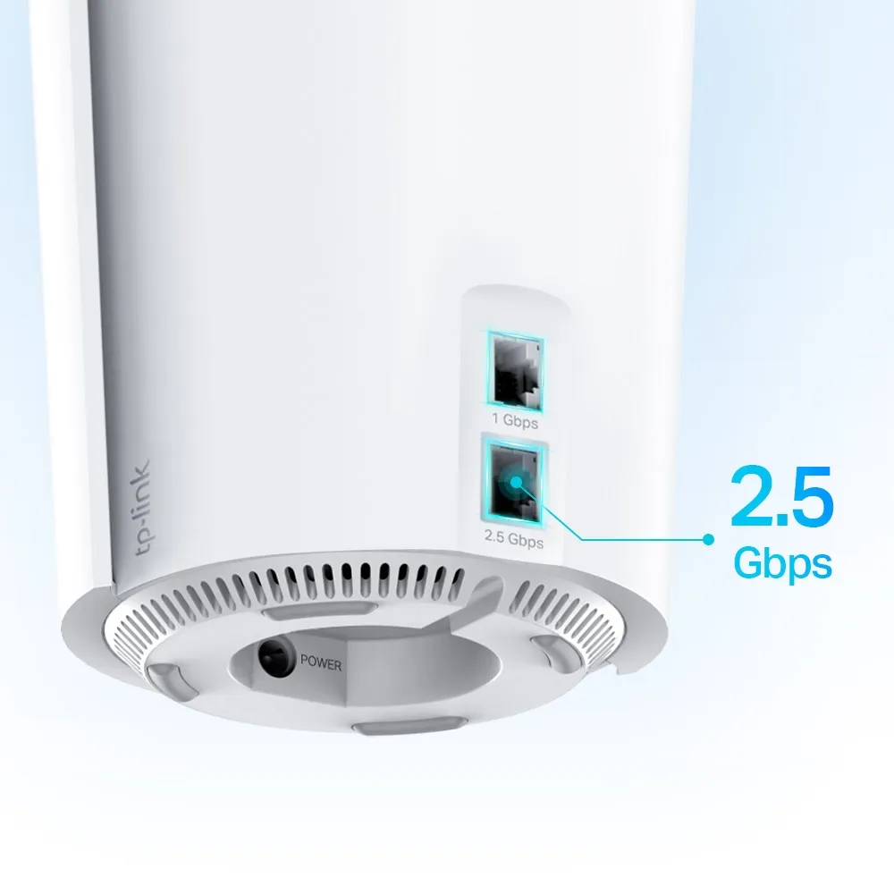 TP-Link Deco X90 rear view showing 2.5 Gbps and 1 Gbps WAN/LAN ports