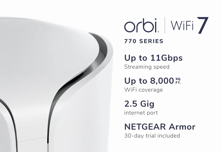 NETGEAR Orbi 770 marketing graphic listing up to 11 Gbps, coverage, internet port and Armor trial