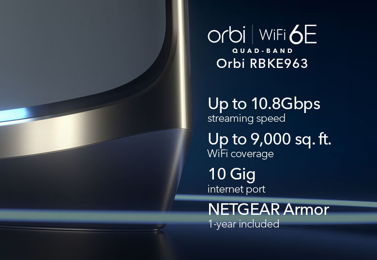 NETGEAR Orbi 960 promotional graphic with AXE11000 speed, coverage and 10G internet specifications
