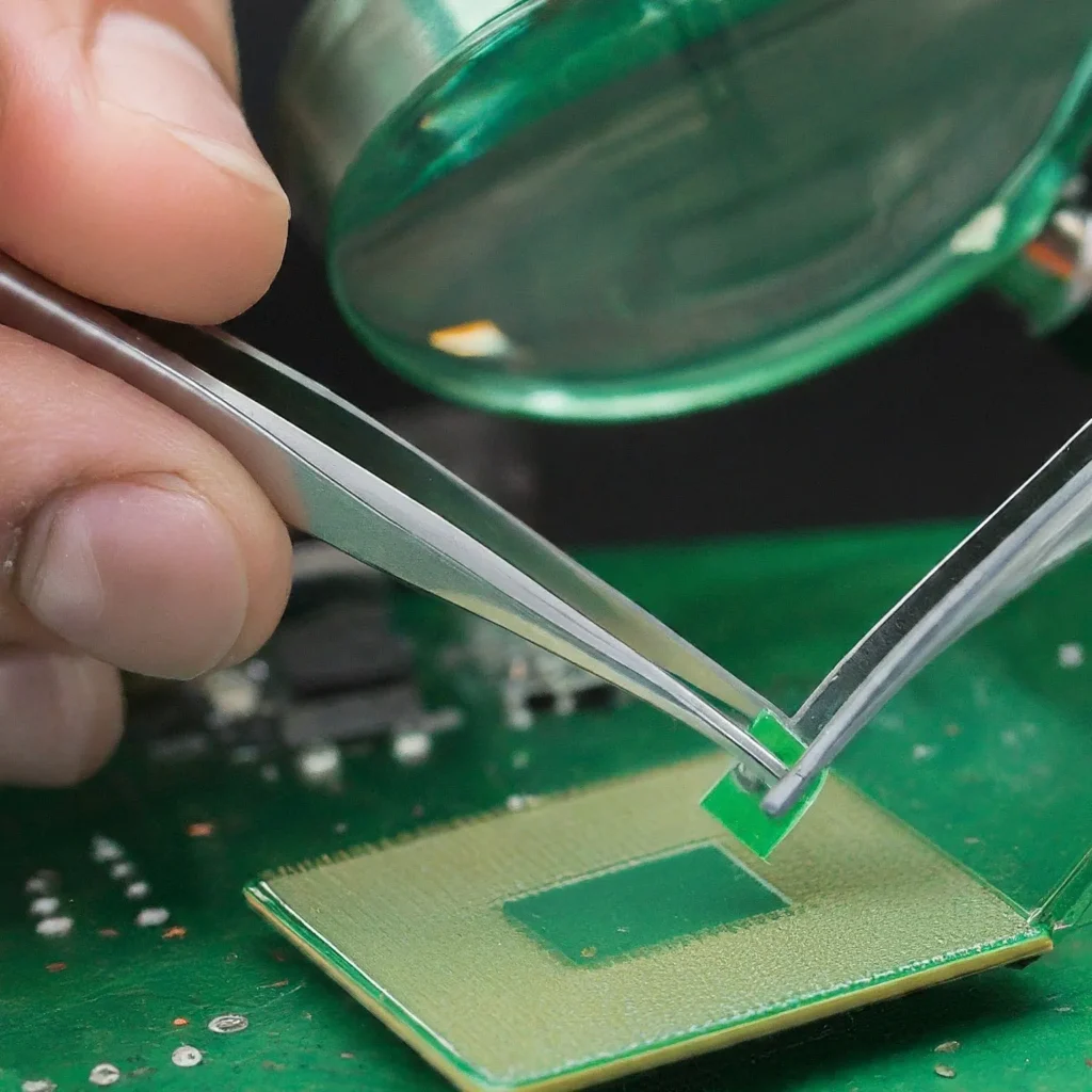 Illustration of tweezers positioning a small green thermal pad above a chip