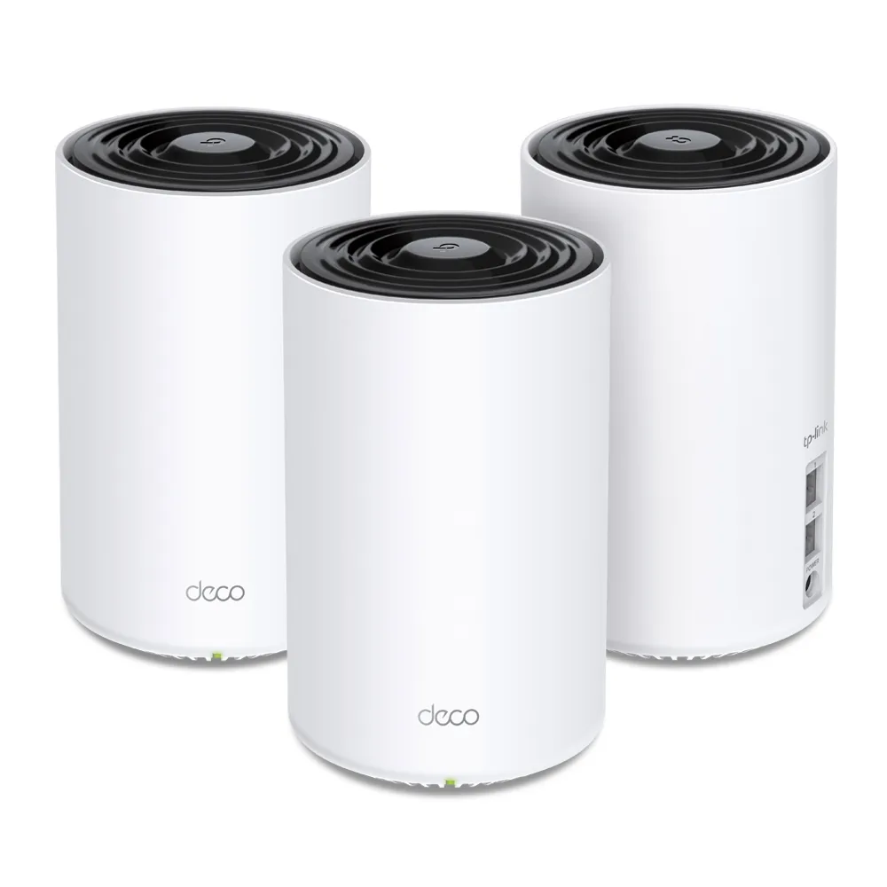 Three Deco X68 units, including a rear view with two Ethernet ports