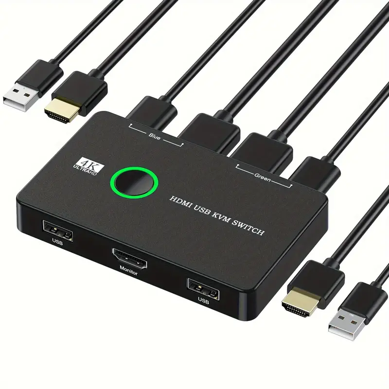 HDMI USB KVM switch with shared monitor and USB connections and a top selector