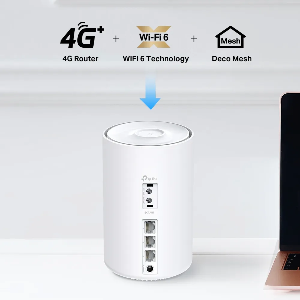 X50-4G rear-view illustration combining 4G router, Wi-Fi 6 and Deco mesh