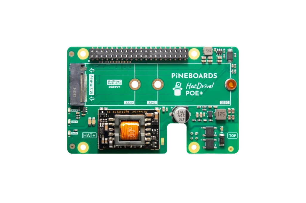Top of the Pineboards HatDrive! PoE+ with its M.2 socket and labelled 2230, 2242 and 2280 mounting positions