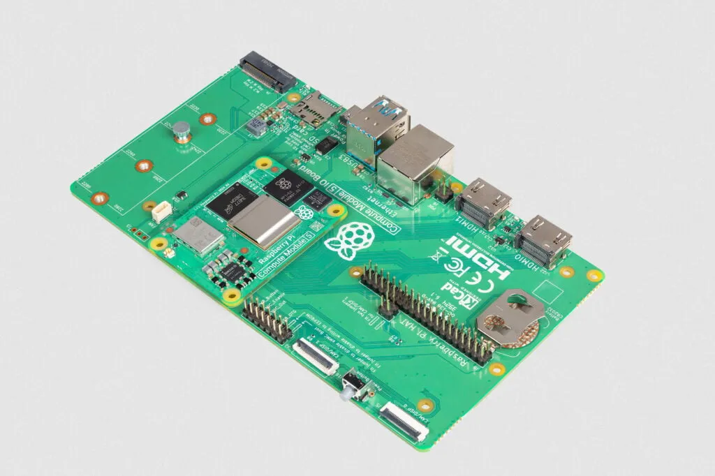 Original CM5 mounted on its IO Board, showing the standard connectors.