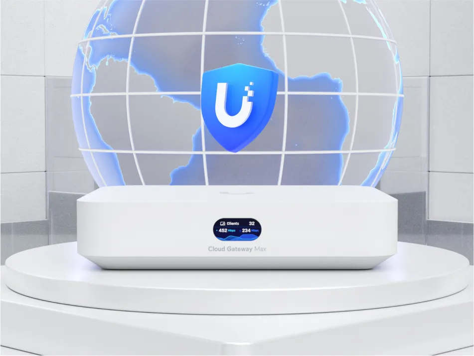 UniFi Cloud Gateway Max front with a status display