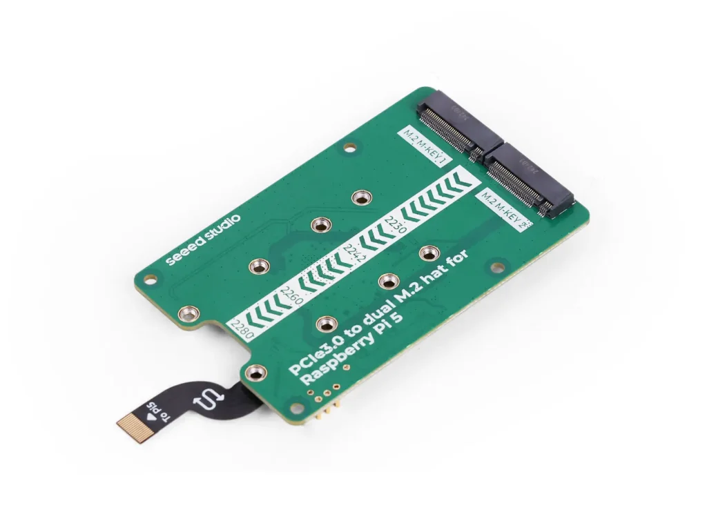 Seeed Studio PCIe 3.0 dual-M.2 board with two M-key sockets and an S-shaped ribbon cable