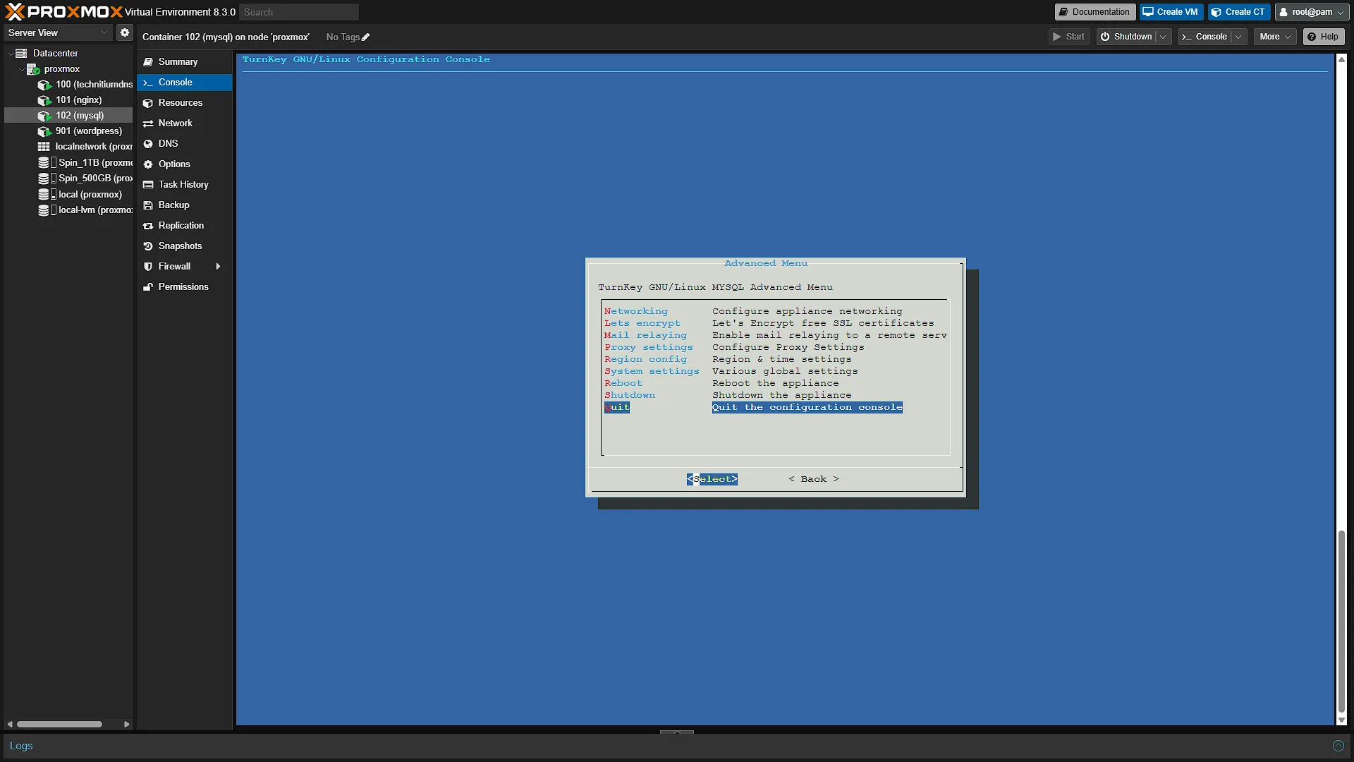 Configure MySQL CT - 10 Advanced menu