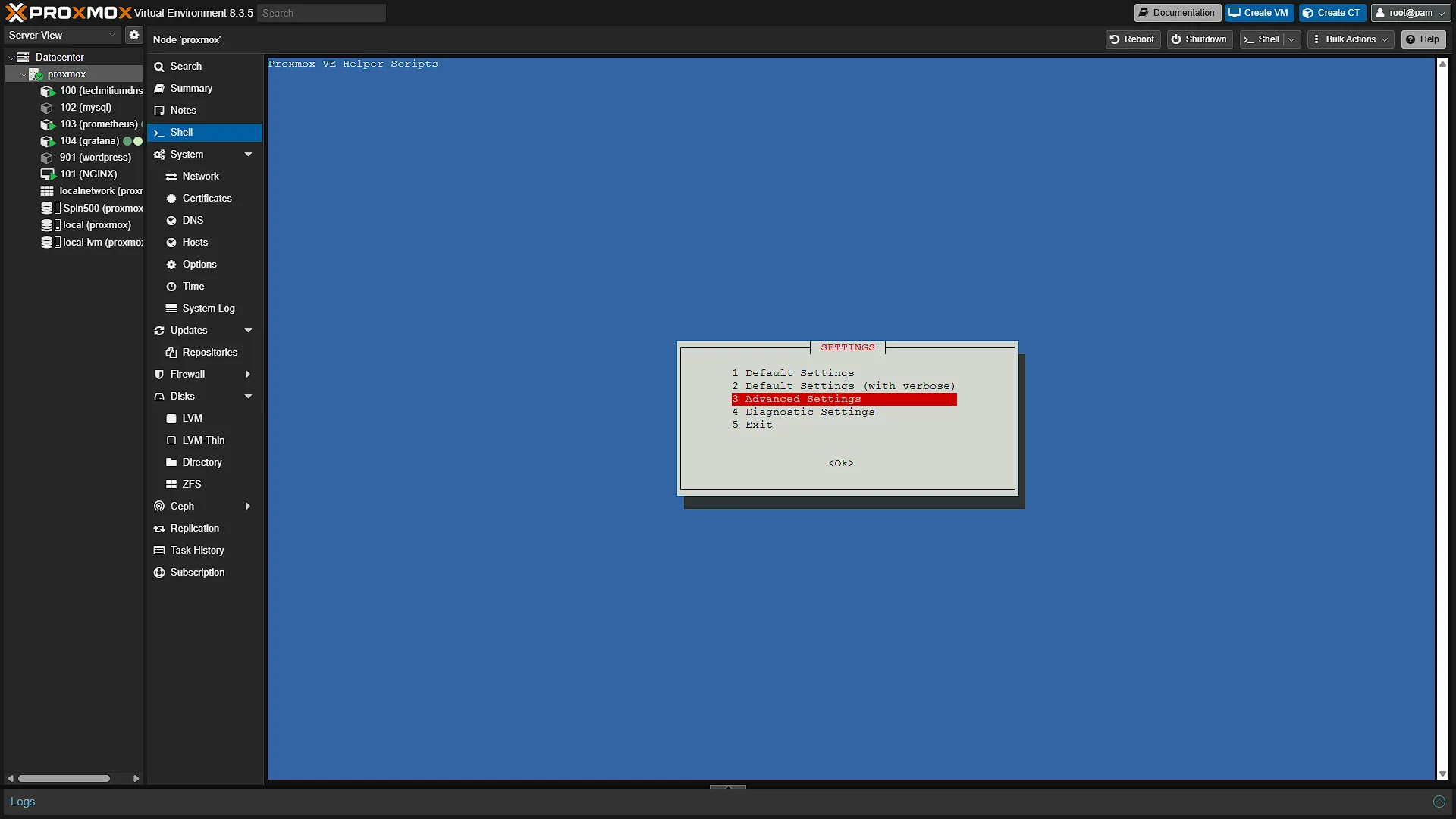 Install Docker LXC - 3 - Settings Select