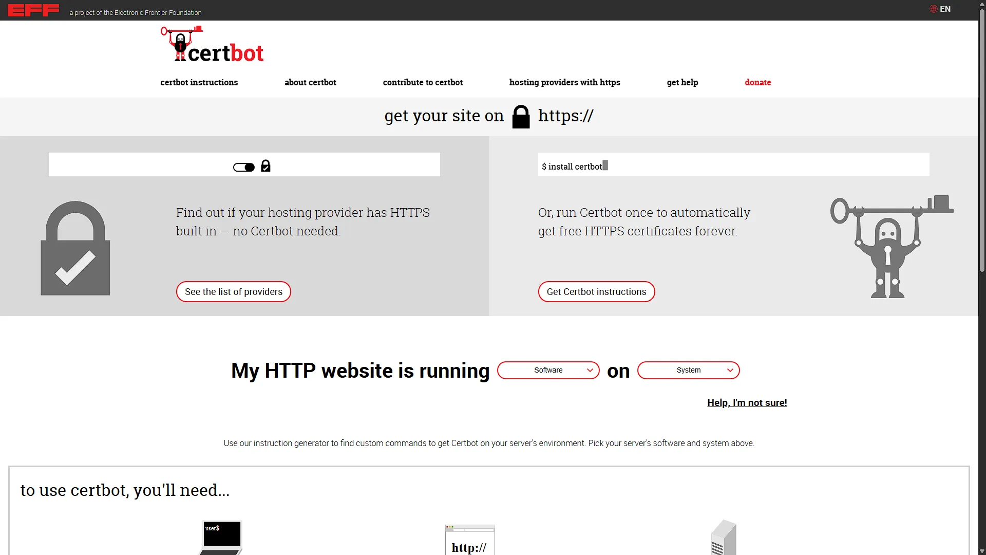 Certbot website instruction selector before choosing server software and operating system.