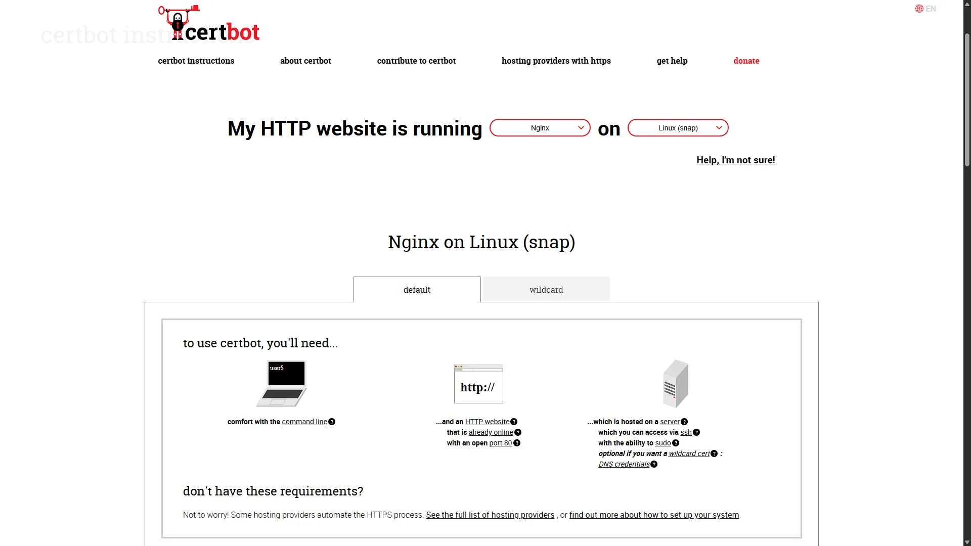 Certbot website showing NGINX on Linux (snap) requirements in March 2025.