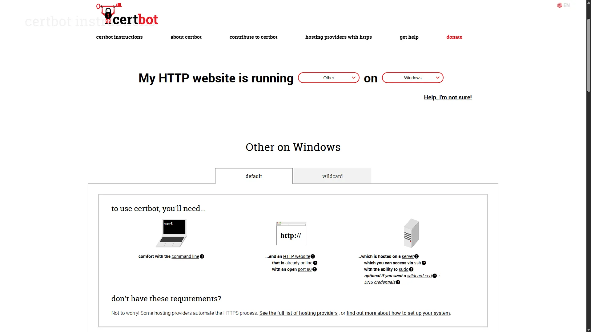 Historical Certbot website selection for Other on Windows in March 2025; check current platform support.