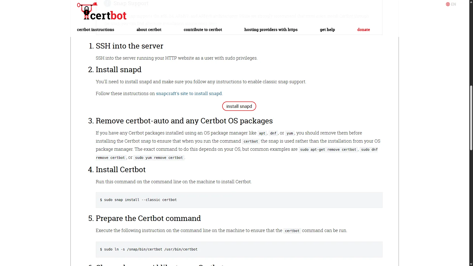 Certbot website showing Linux snap installation instructions, not a completed renewal.