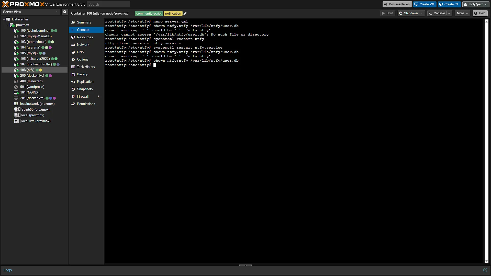 Configure ntfy - 7 - Restart chown