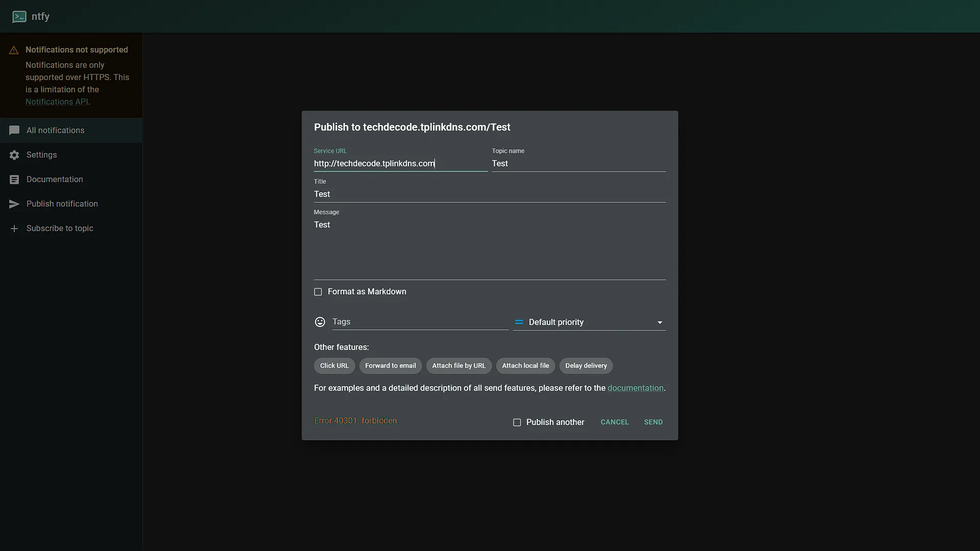 Configure ntfy - 8 - Failed send