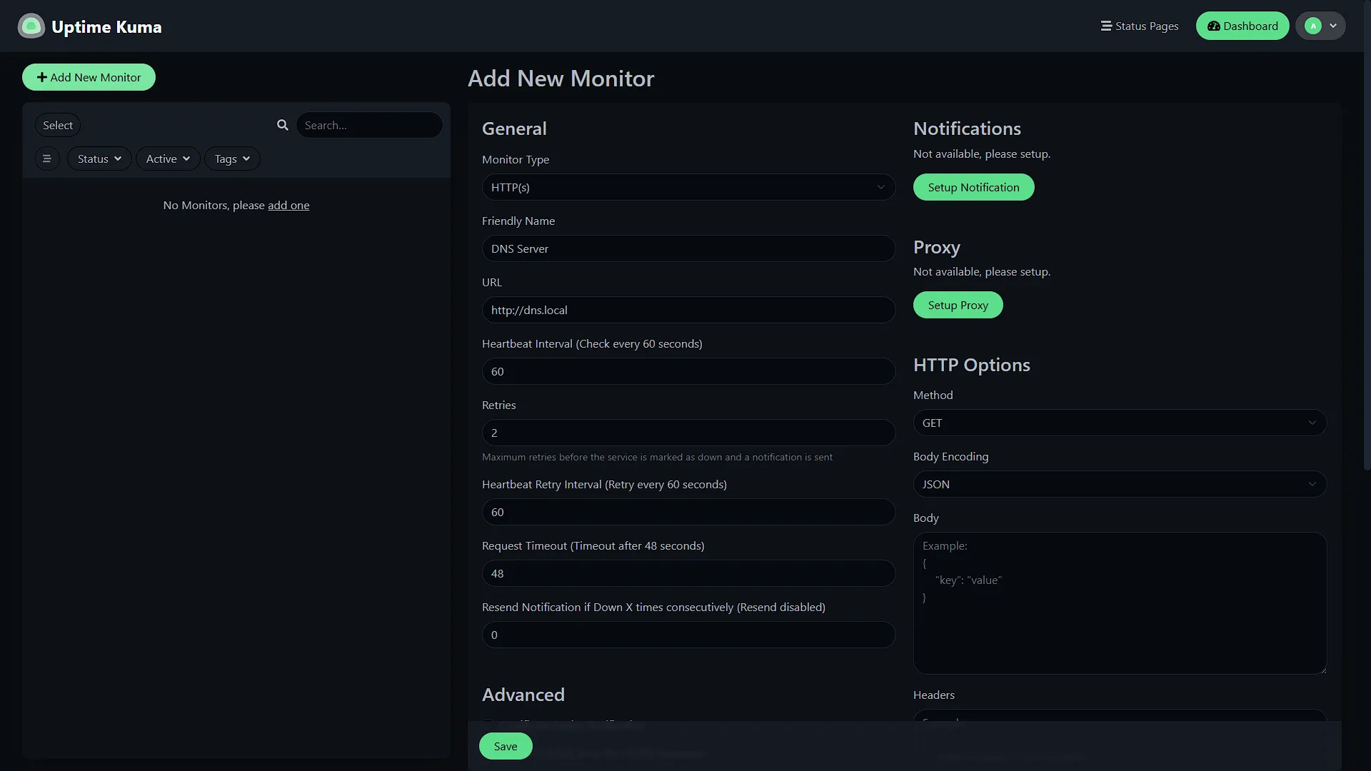 Set Up Uptime Kuma - 1 - Dashboard