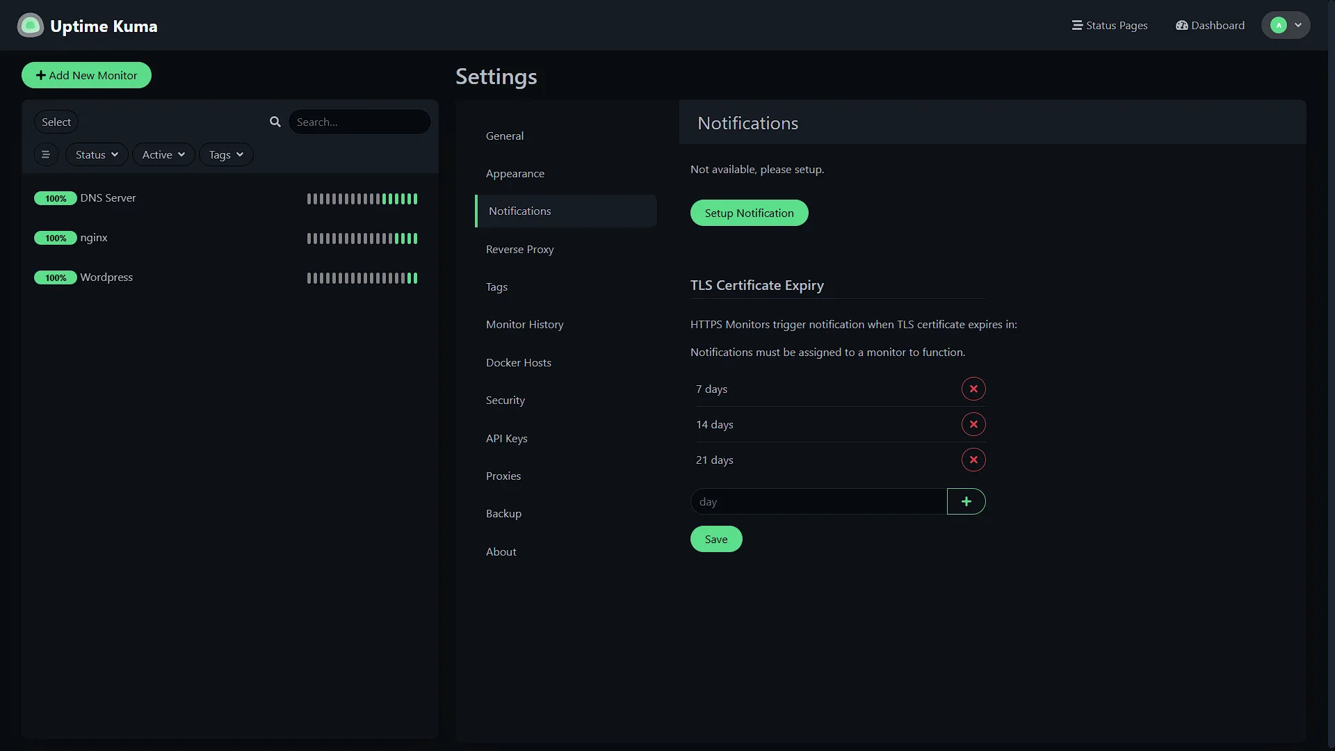 Set Up Uptime Kuma - 8 - Settings, notifications