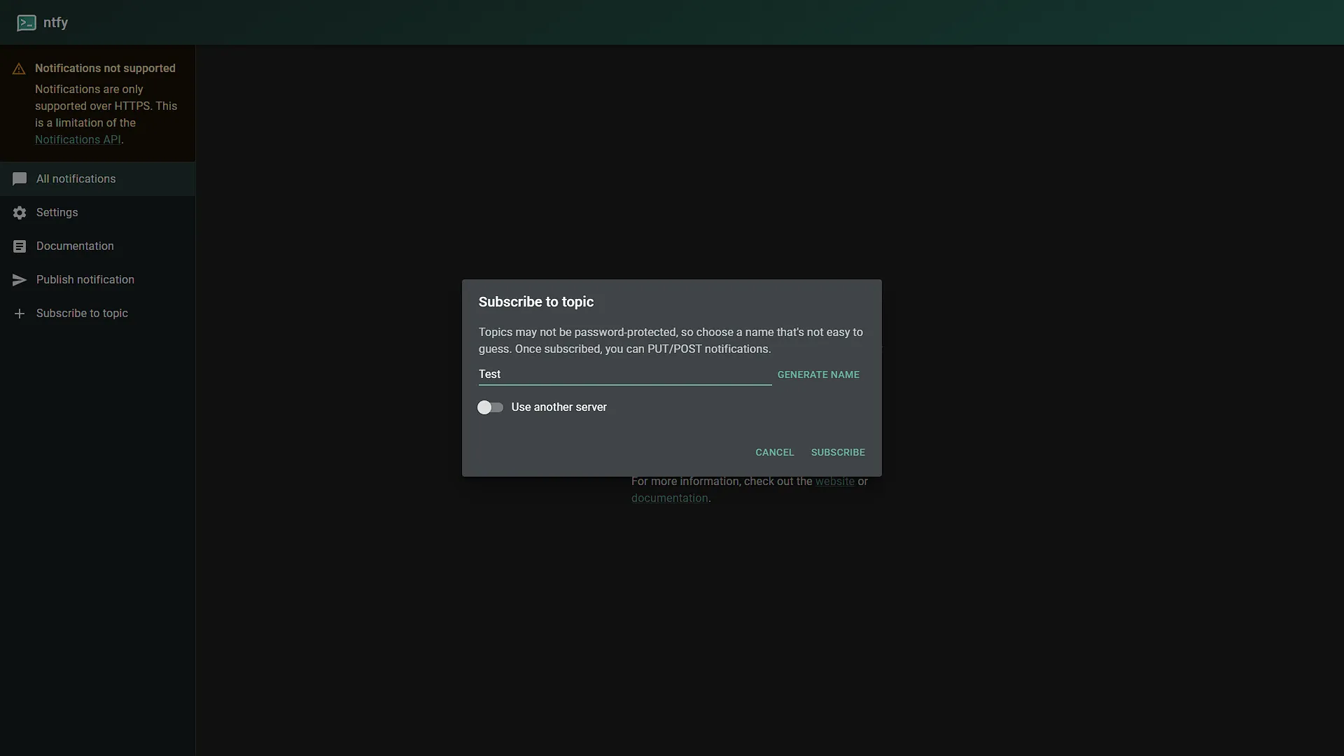 Setup ntfy - 2 - Add Topic