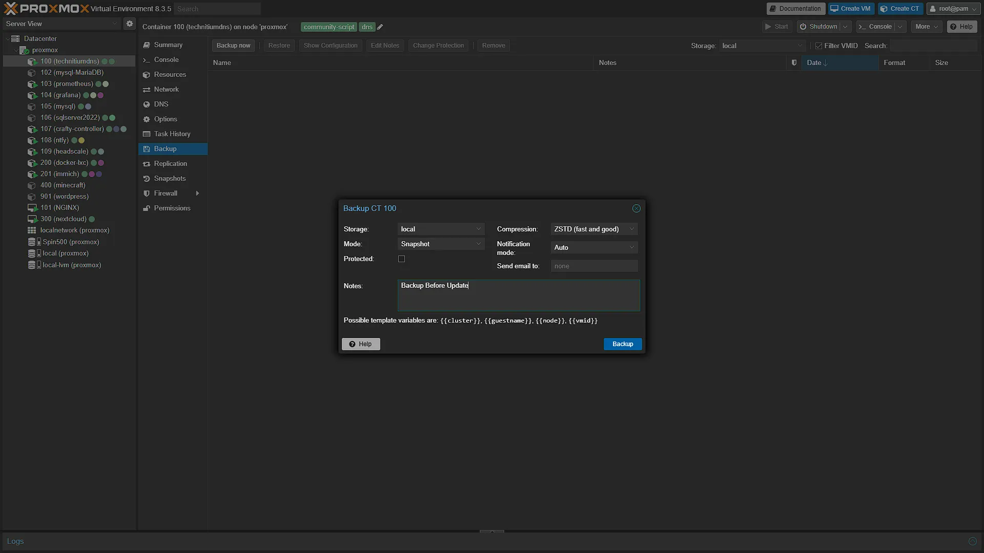 Backup LXC - 2 - Backup Now