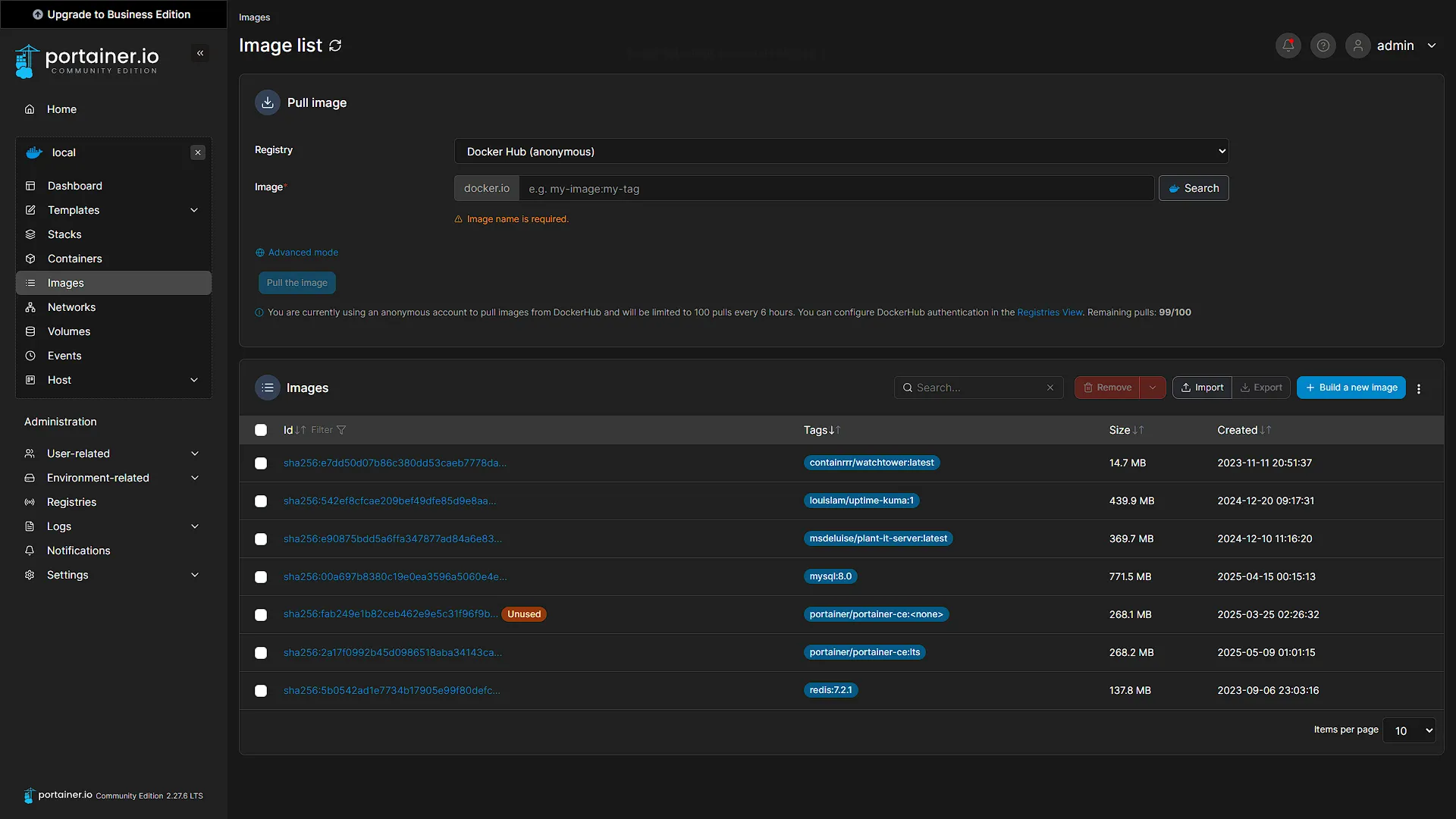 Remove unused images from Portainer
