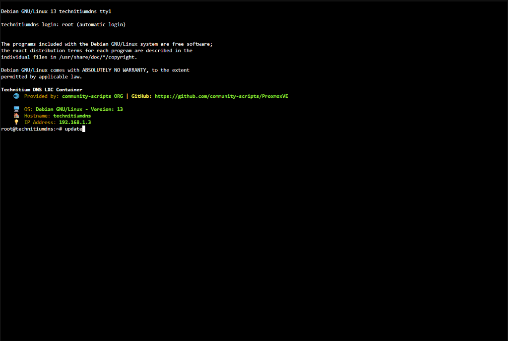 Proxmox console for the technitiumdns LXC container on Debian 13 at 192.168.1.3 running the update command
