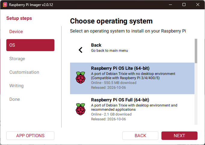 Raspberry Pi Imager v2.0.12 showing Raspberry Pi OS Lite (64-bit) selected