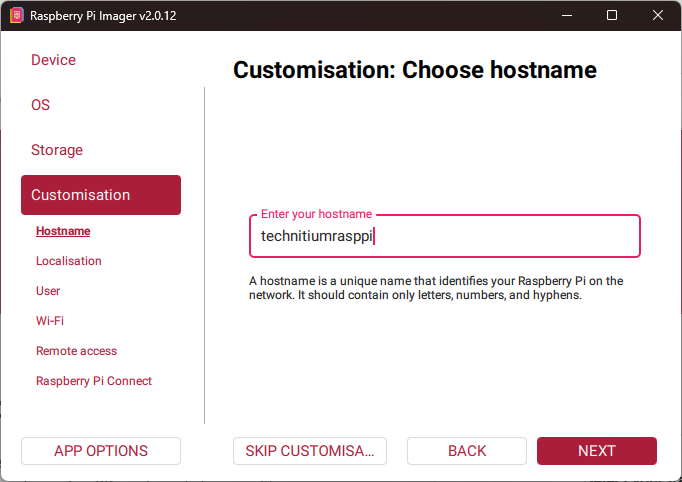 Raspberry Pi Imager customisation screen setting hostname to technitiumrasppi