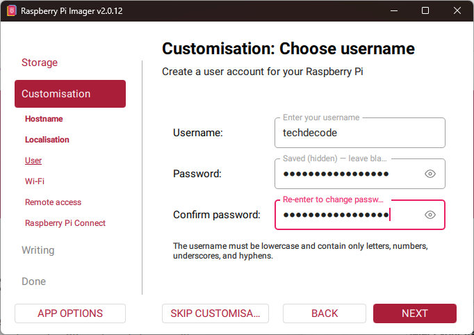 Raspberry Pi Imager customisation screen creating the techdecode user account