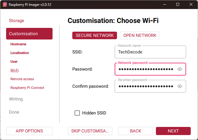 Raspberry Pi Imager customisation screen configuring the TechDecode Wi-Fi network