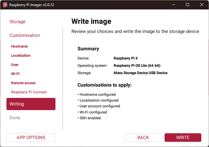 Raspberry Pi Imager summary screen showing Raspberry Pi 4, Raspberry Pi OS Lite (64-bit), and enabled customisations including SSH