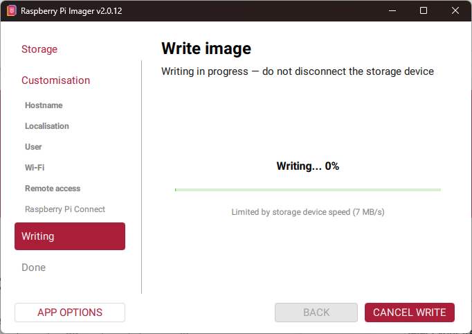 Raspberry Pi Imager writing the operating system image to the USB storage device