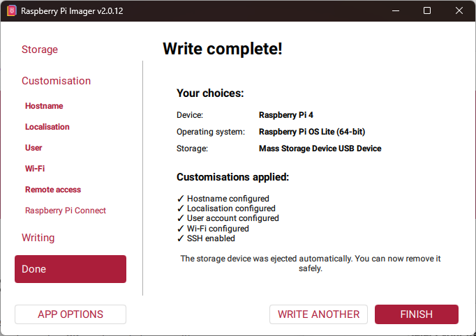Raspberry Pi Imager Write complete screen confirming all customisations were applied