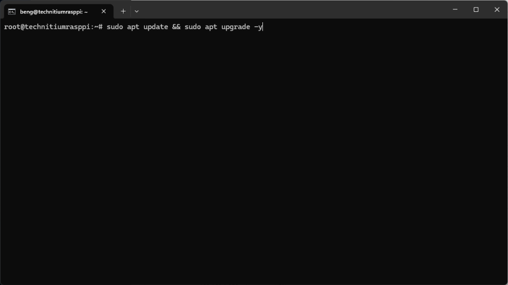 SSH terminal on technitiumrasppi running sudo apt update and sudo apt upgrade -y