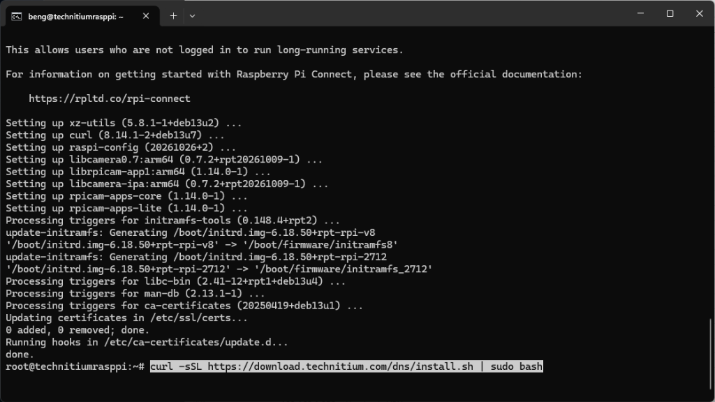 SSH terminal on technitiumrasppi running the official Technitium install.sh command after package upgrades complete