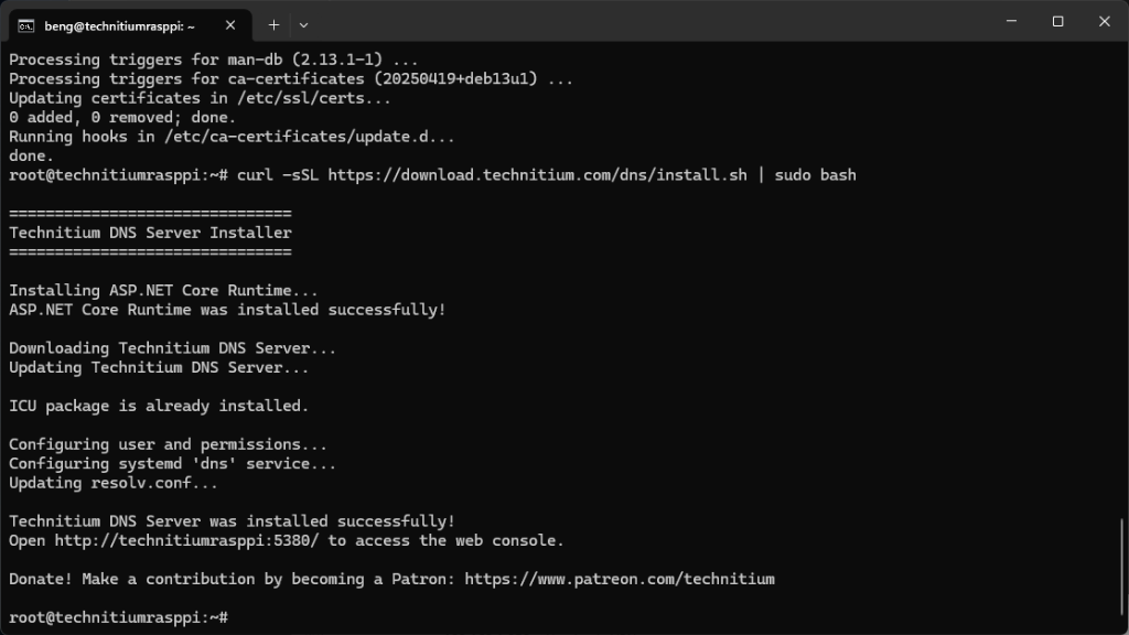 SSH terminal showing Technitium DNS Server Installer completing ASP.NET Core Runtime and systemd dns service setup