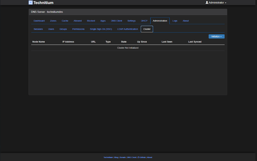 Technitium DNS Administration Cluster tab on technitiumdns showing Cluster Not Initialized and the Initialize button