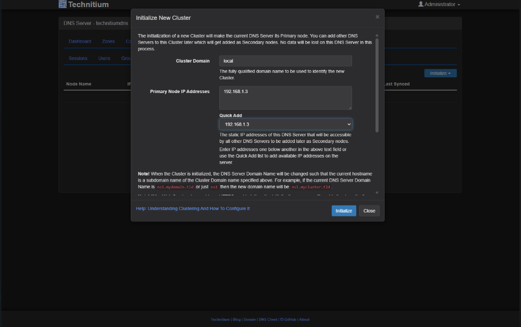 Initialize New Cluster dialog with Cluster Domain set to local and Primary Node IP Addresses set to 192.168.1.3