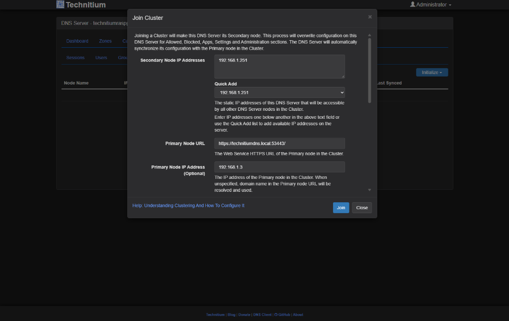 Join Cluster dialog on technitiumrasppi showing Secondary Node IP 192.168.1.251, Primary Node URL https://technitiumdns.local:53443/, and Primary Node IP 192.168.1.3