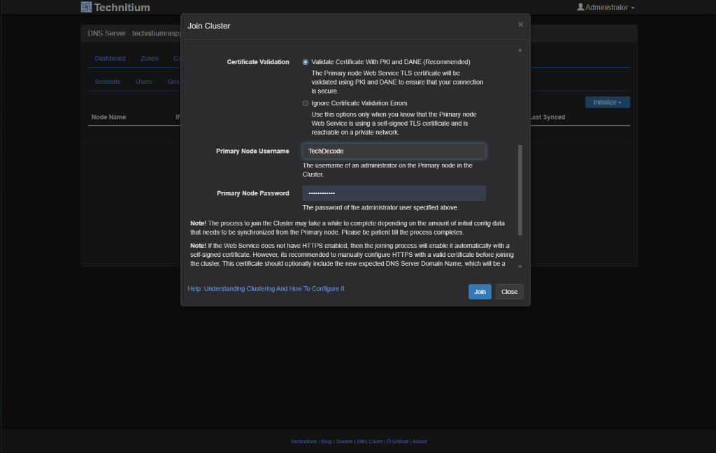Scrolled Join Cluster dialog showing PKI and DANE certificate validation and Primary Node administrator credentials