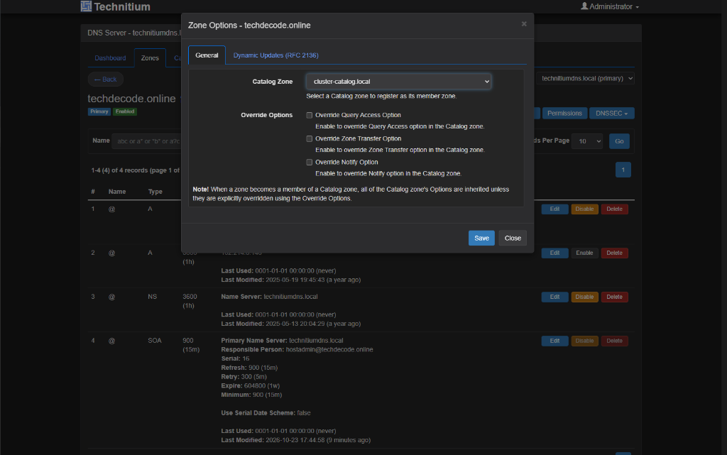 Zone Options dialog for techdecode.online selecting cluster-catalog.local as the Catalog Zone