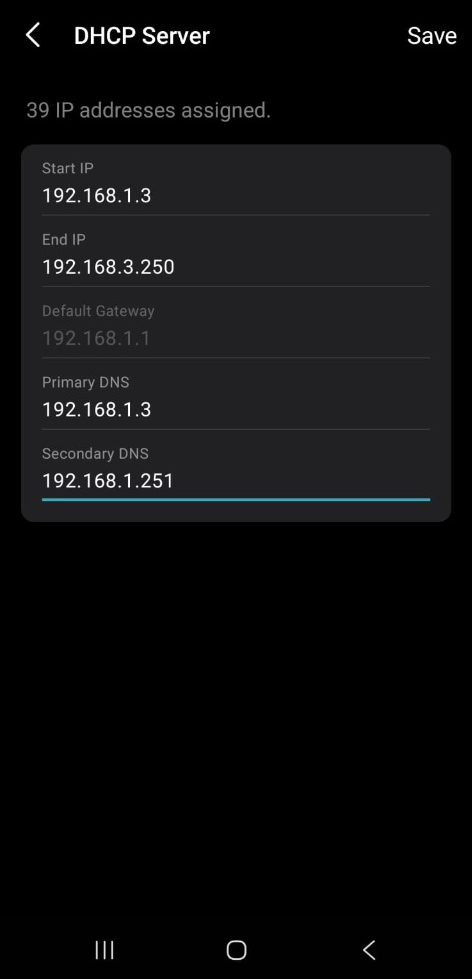 TP-Link Deco DHCP Server settings screen showing Primary DNS 192.168.1.3 and Secondary DNS 192.168.1.251
