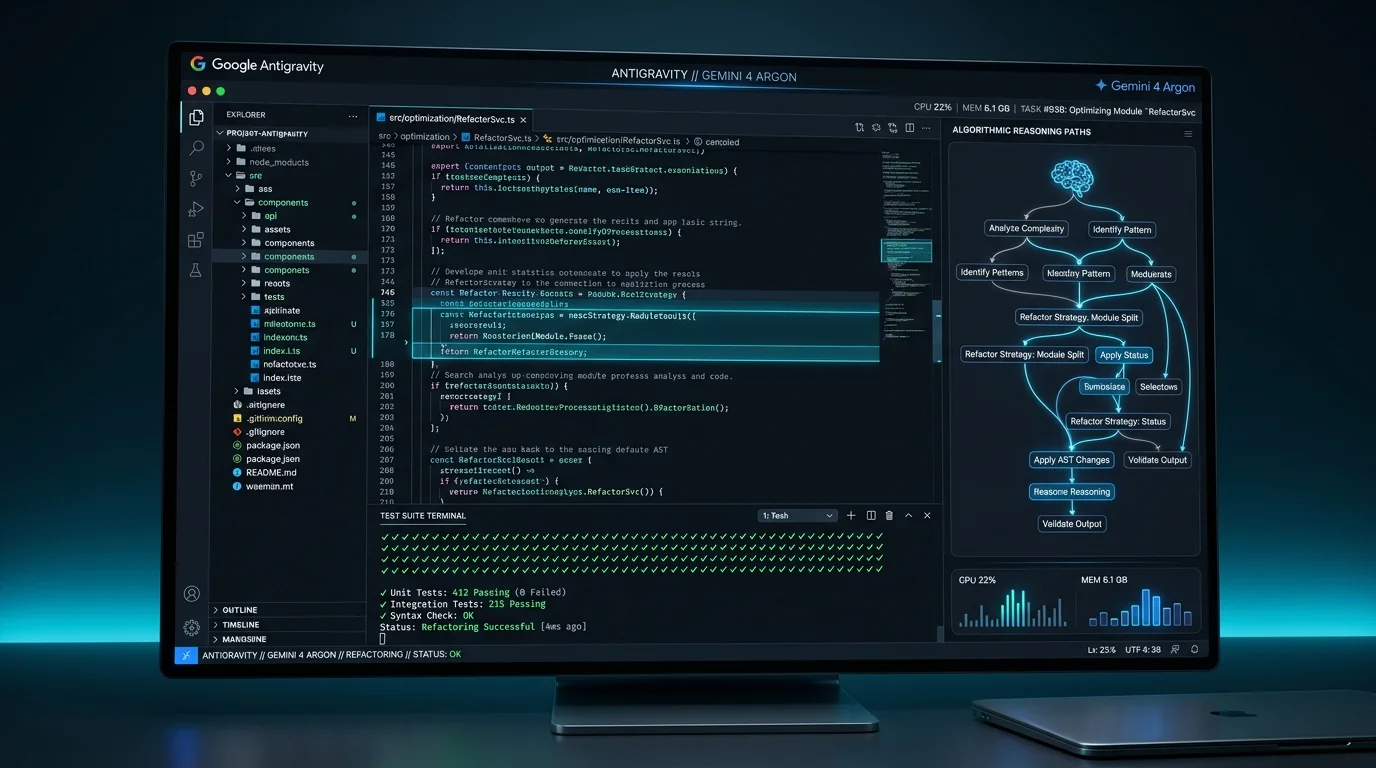 Google Antigravity developer workspace running Gemini 4 Argon autonomous coding agent