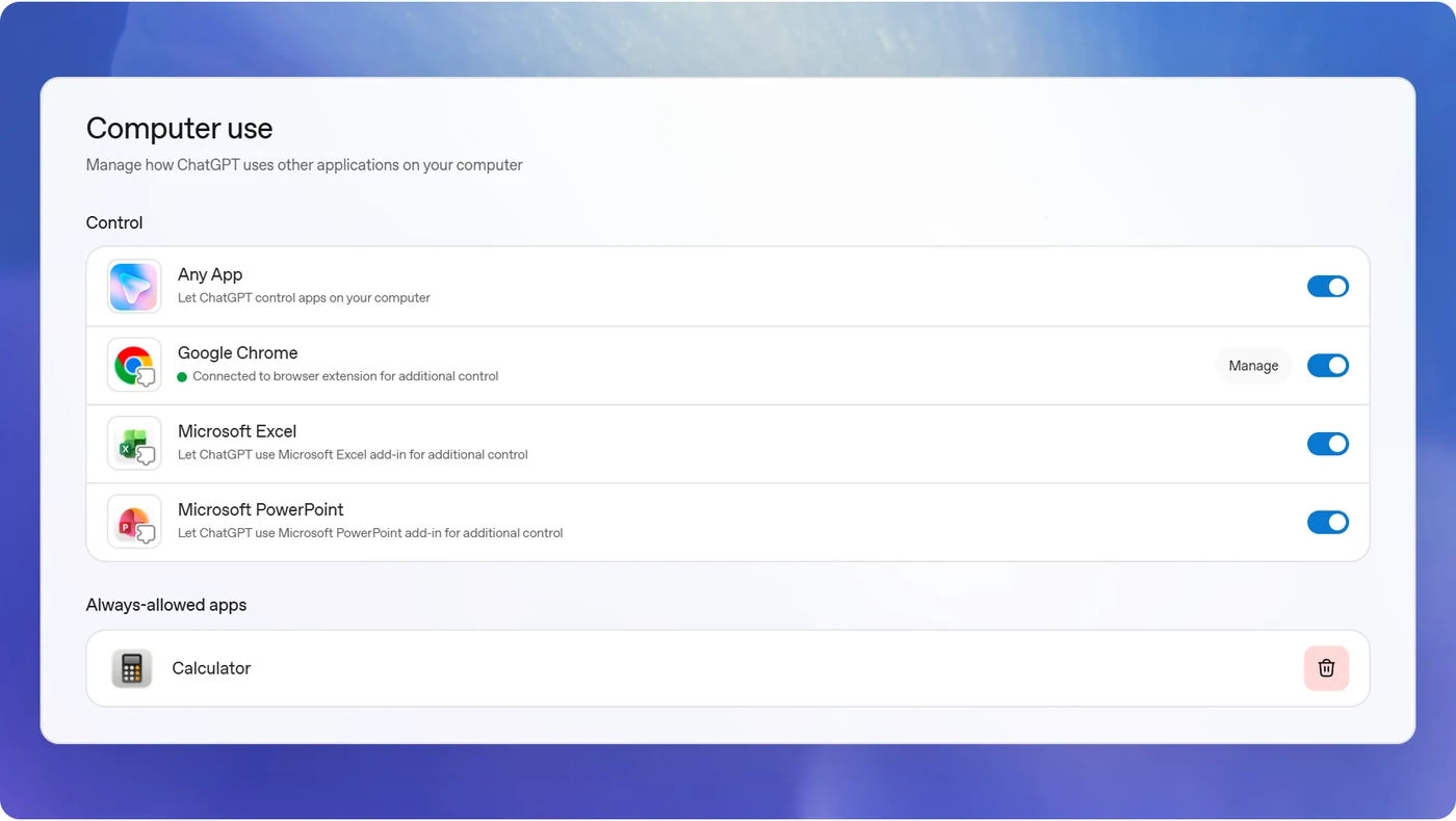 OpenAI Computer Use settings illustration showing controls for apps and Calculator in the always-allowed list.