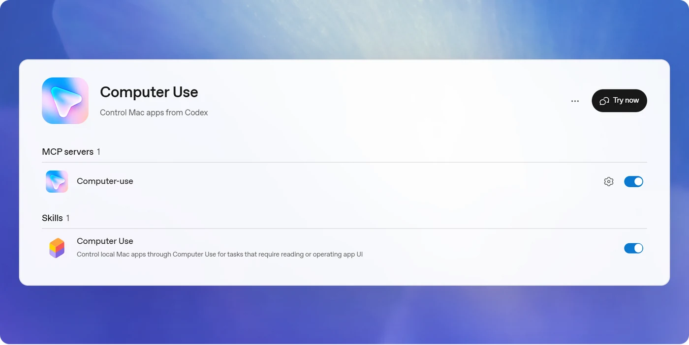 OpenAI’s Computer Use plugin illustration with its server and skill switches enabled and a Try now button.