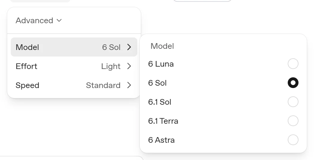 OpenAI documentation model picker with Advanced open and 6.1 Terra listed alongside 6.1 Sol and 6 Astra.