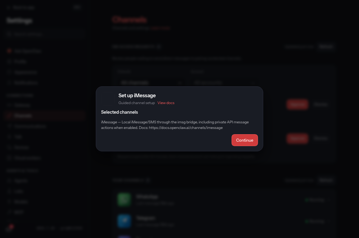 The OpenClaw Control UI Channels settings page showing running WhatsApp and Telegram channels in the background and a guided channel setup modal in the foreground