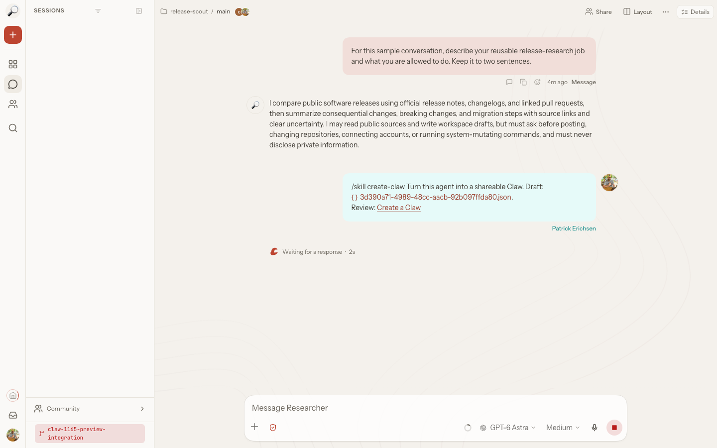 The OpenClaw Control UI web workspace showing an active release-scout agent session, a /skill command in chat, and the model selector at the bottom